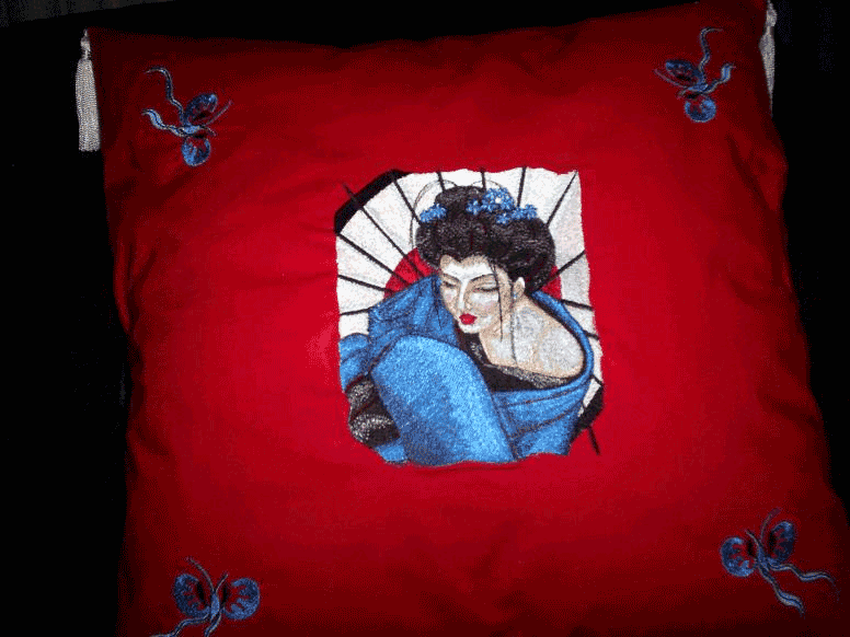 pillow with geisha machine eembroidery design
